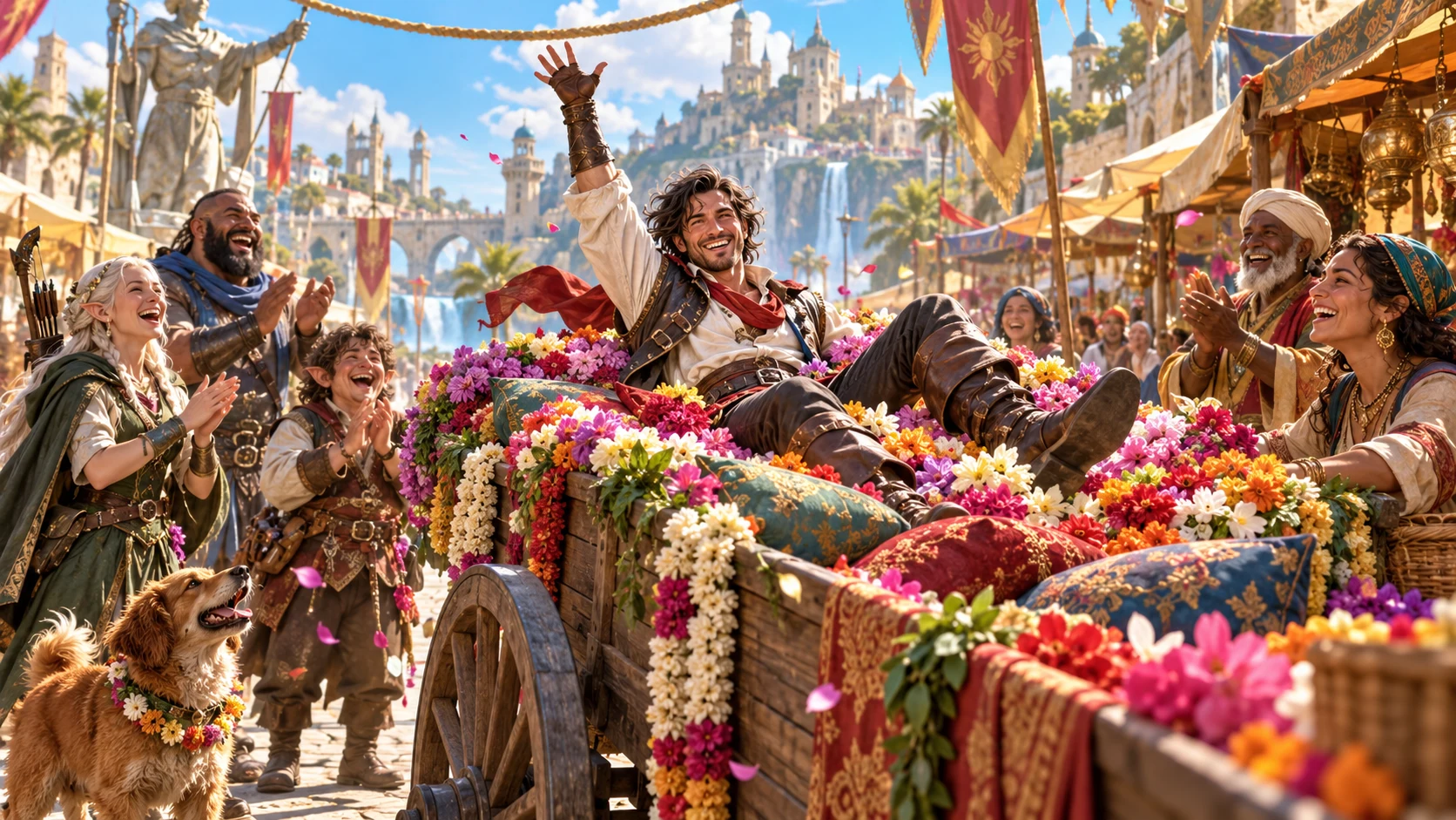 Illustrative fantasy hero enjoying a harmless flower-cart landing after a successful move.